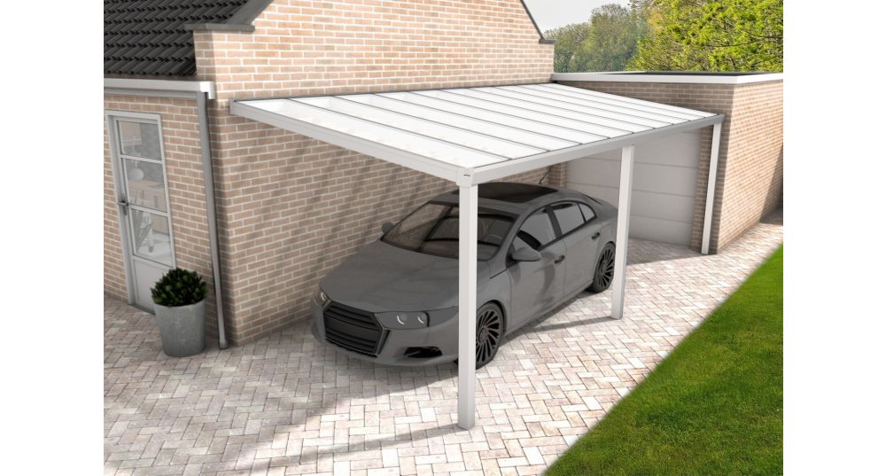 Aluminium aanbouwcarport Velvetline wit (RAL9010) - Polycarbonaat dak - 350x600 cm